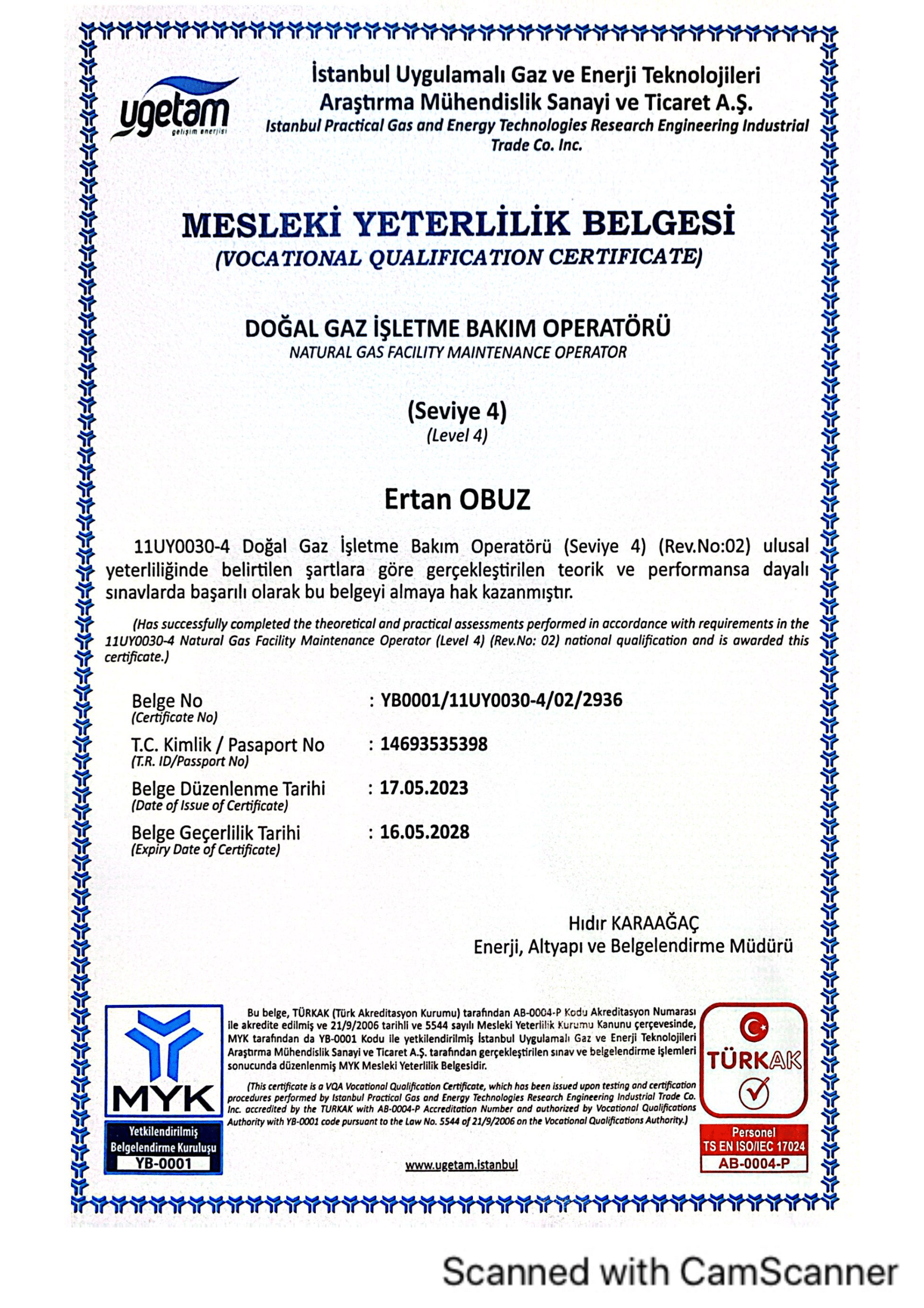 İşletme Bakım Operatörü Belgesi